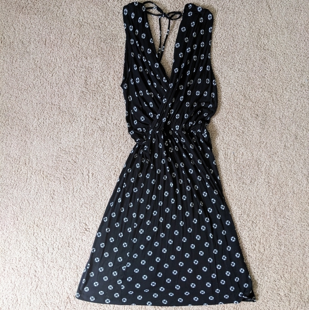 Loft XS Petite Black Print Faux Wrap Dress